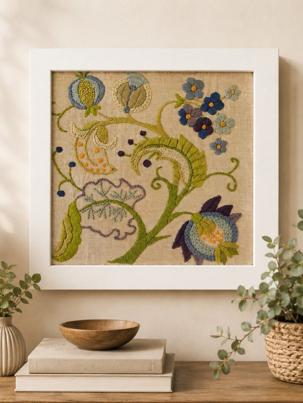 Blue Green Crewel Embroidered Floral Framed Art